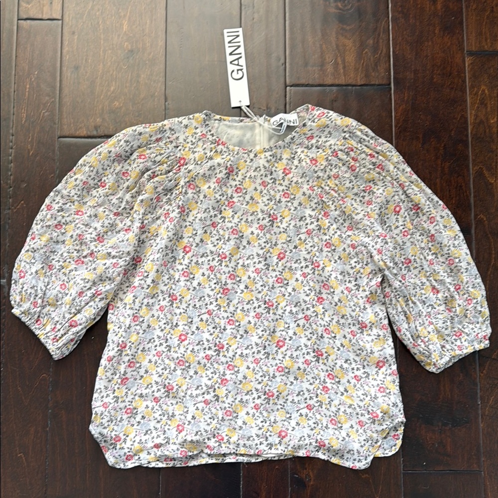 NWT Ganni Multicolor Floral Puff Sleeve Top